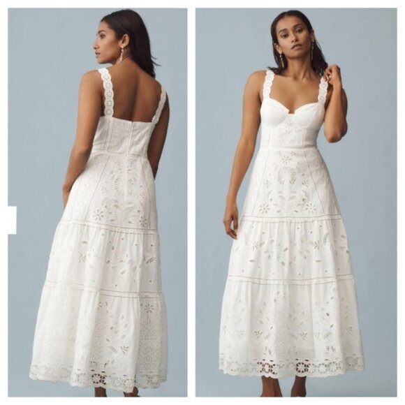 FARM Rio Dresses & Skirts - FARM Rio Midi Dress XL White Richelieu Bustier Corset Eyelet Resort Bridal
